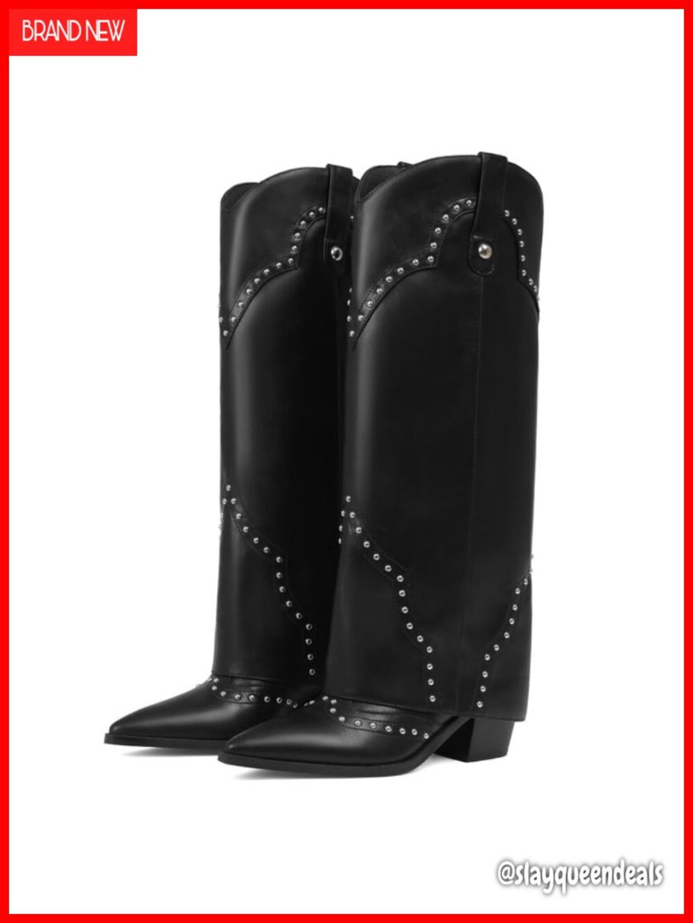 Women's Knee-High Western Boots Fold Over Pointed Toe Block Heel